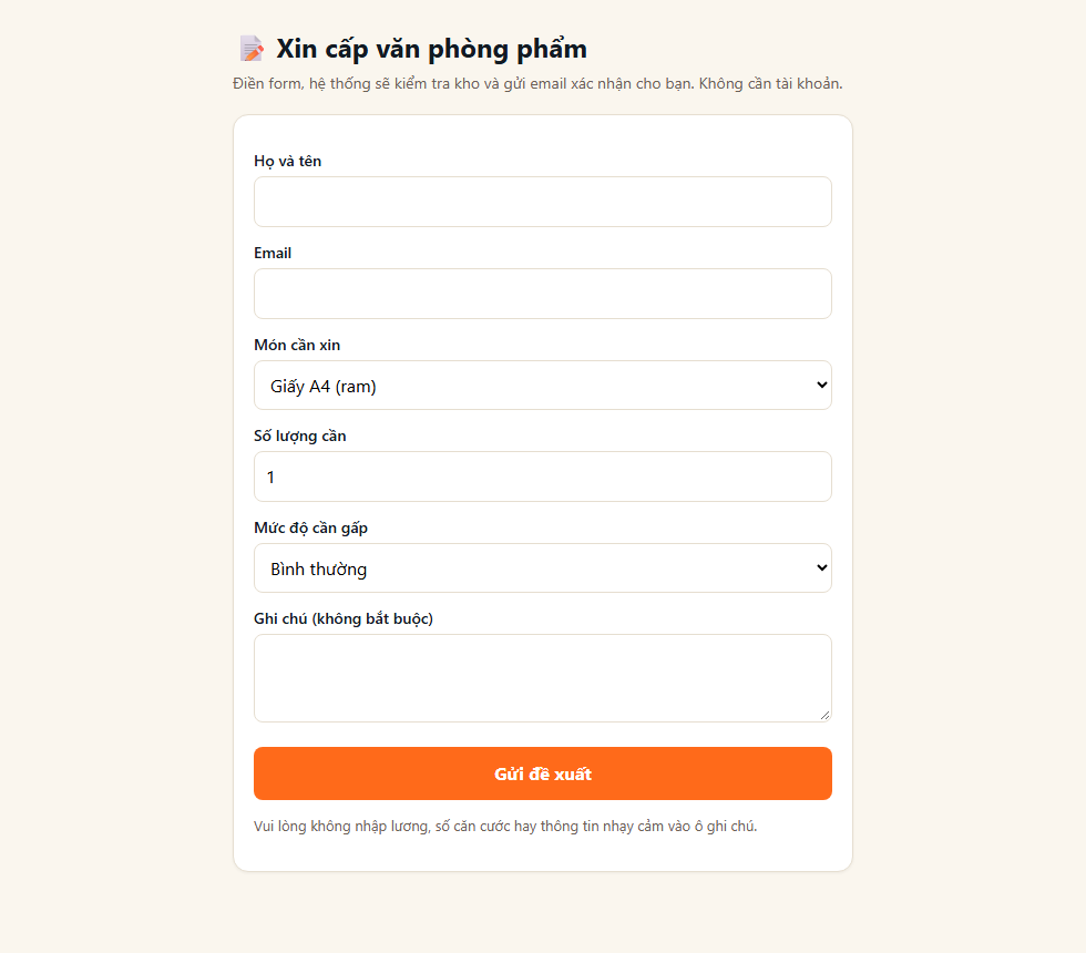 Form xin cấp văn phòng phẩm